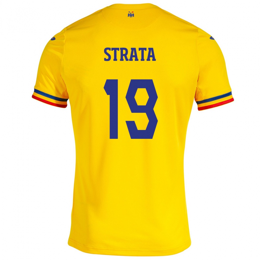 Férfi Románia Tony Strata #19 Sárga Hazai Jersey 24-26 Mez Póló Ing