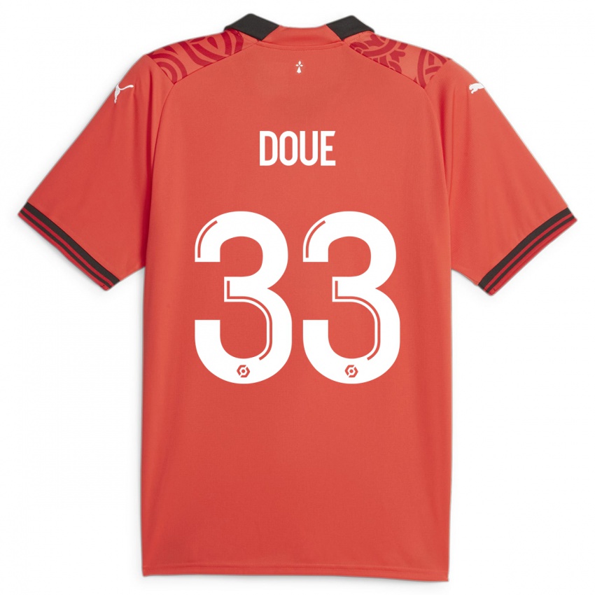 Férfi Désiré Doué #33 Piros Hazai Jersey 2023/24 Mez Póló Ing