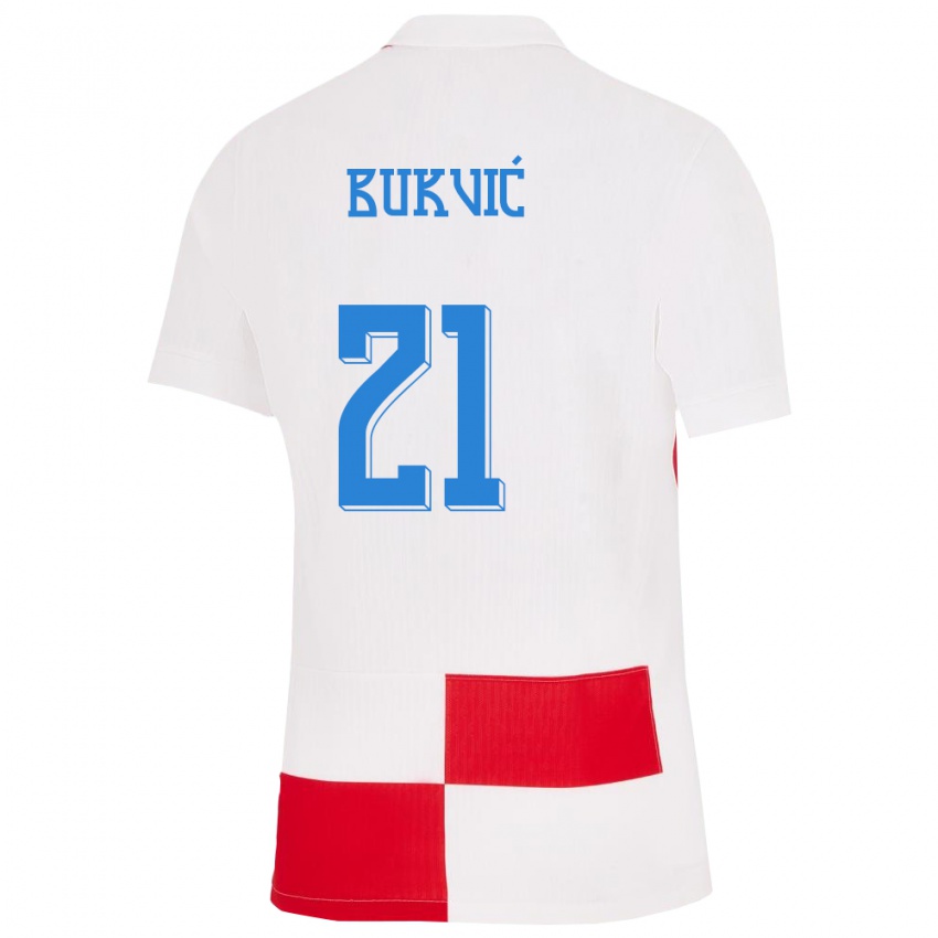 Gyermek Horvátország Domagoj Bukvic #21 Fehér Piros Hazai Jersey 24-26 Mez Póló Ing