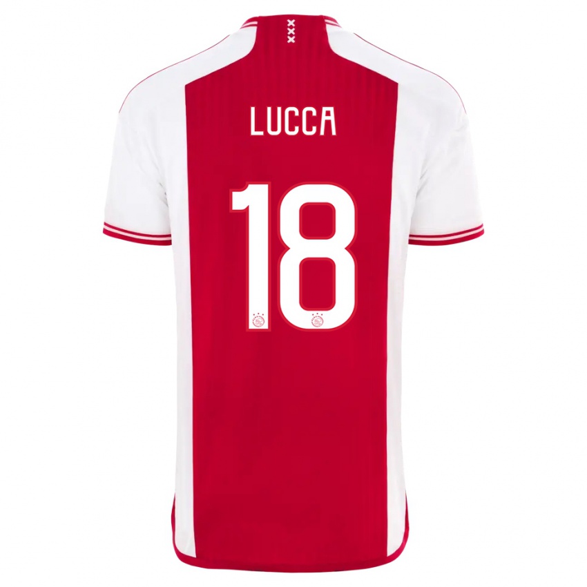 Gyermek Lorenzo Lucca #18 Piros Fehér Hazai Jersey 2023/24 Mez Póló Ing