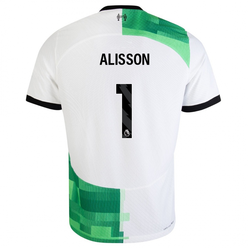 Gyermek Alisson #1 Fehér Zöld Idegenbeli Jersey 2023/24 Mez Póló Ing